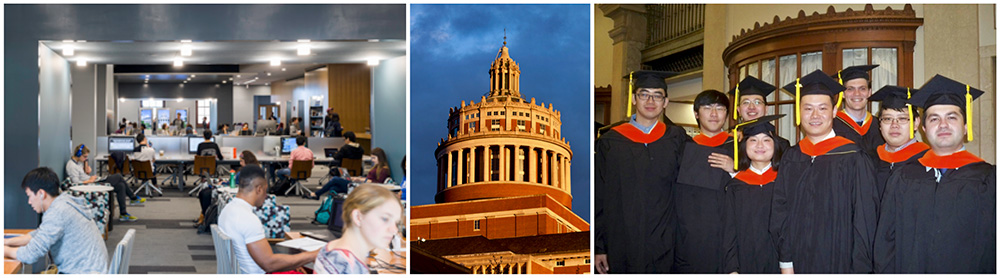 A collage of graduate students and University buildings.