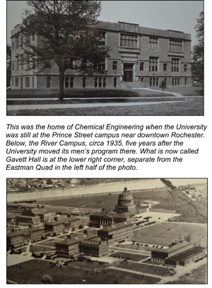An exterior view of the Prince Street building and an aerial view of River Campus in 1935.