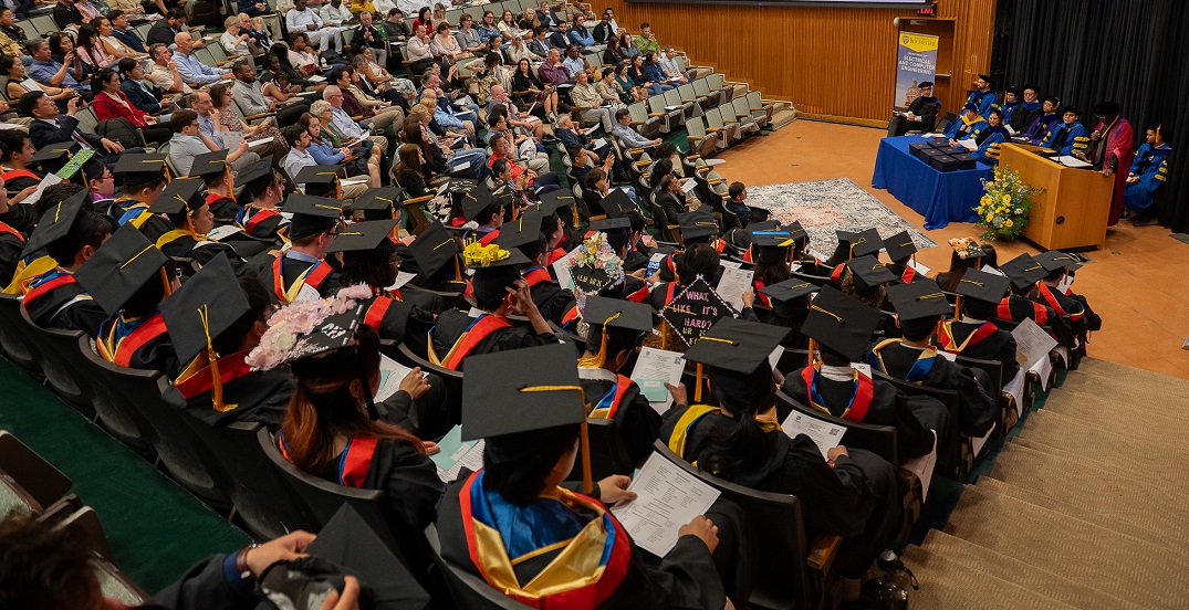 Group of graduation student sitting in auditorium in regalia garb