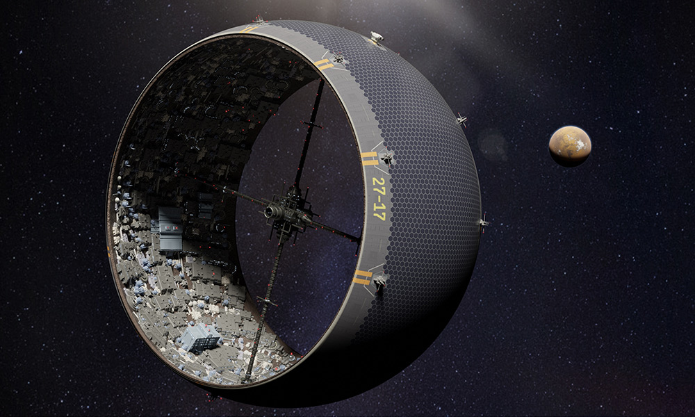 In what they deem a “wildly theoretical” paper, Rochester researchers imagine covering an asteroid in a flexible, mesh bag made of ultralight and high-strength carbon nanofibers as the key to creating human cities in space. (University of Rochester illustration / Michael Osadciw)