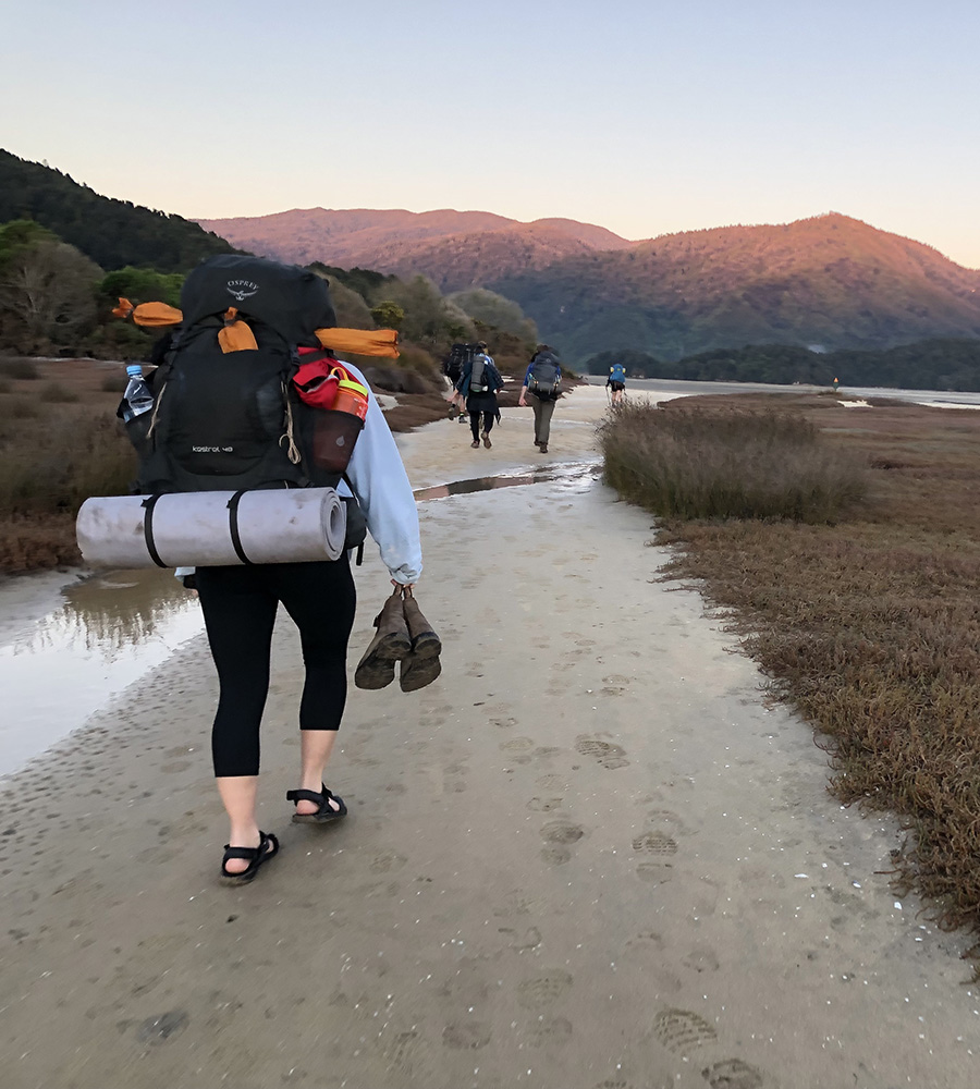 A view of hikers on a path from behind heading towards mountains during a sunset.