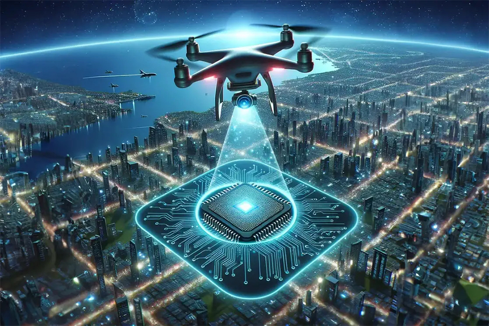 An illustration of a drone over a city at night using a laser to scan.