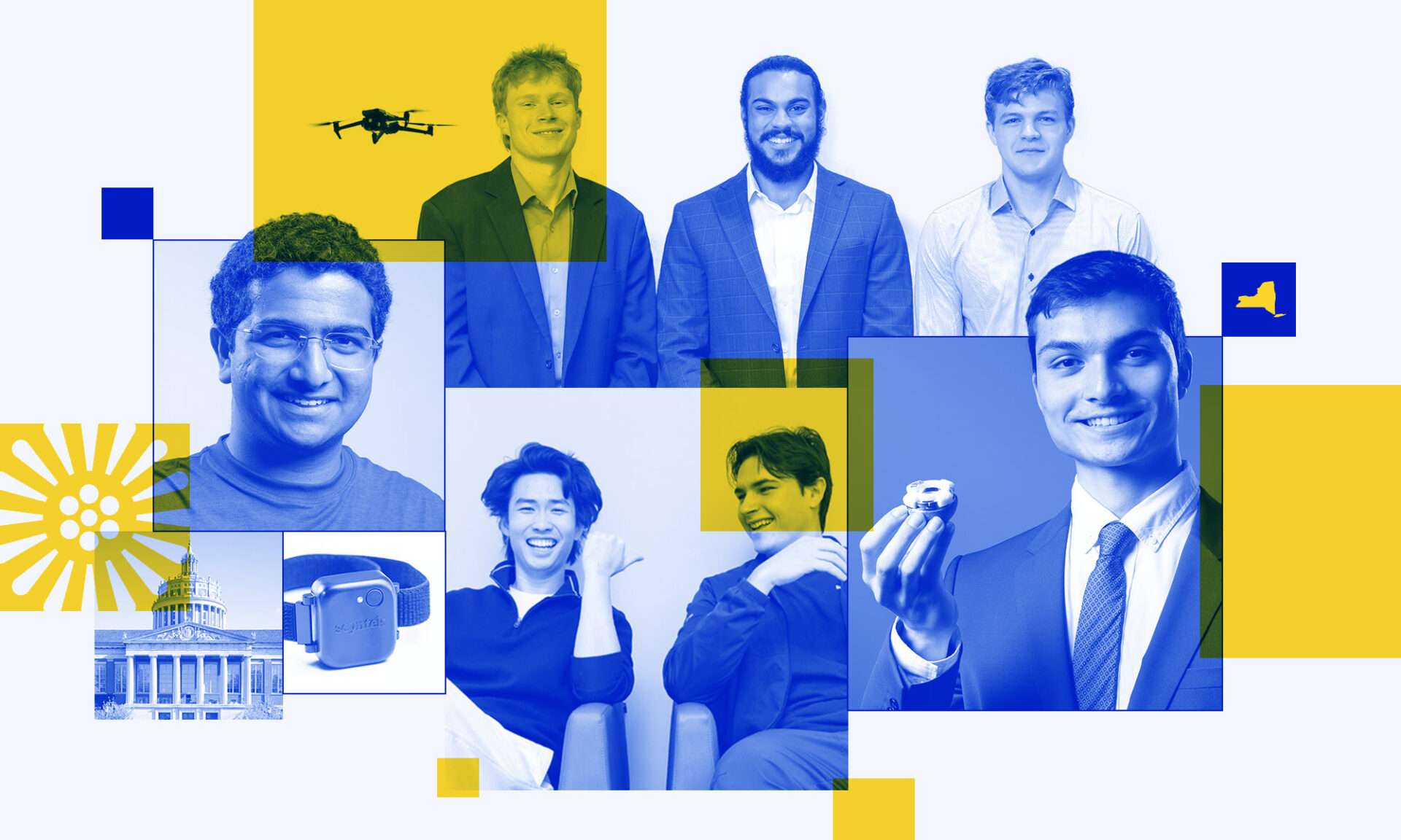 STARTUP MODE: URochester student entrepreneurs are developing promising ventures using bio-tech and artificial intelligence. (URochester artwork and photography / Justyn Iannucci and J. Adam Fenster)