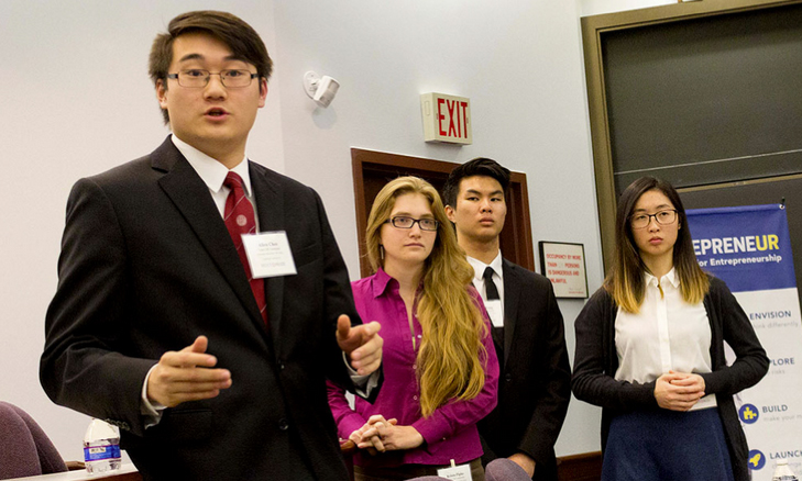 Hetine Zhao is seen at right in photo of the UR Connected team presenting their plan last fall.