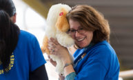 Staff person holding a toy