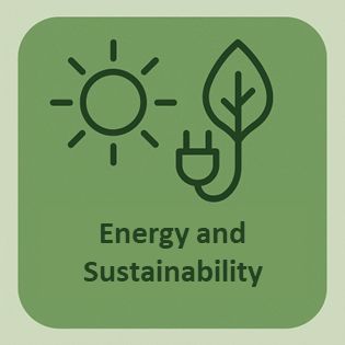 Energy and sustainability written next to a leaf with a plug and a sun.