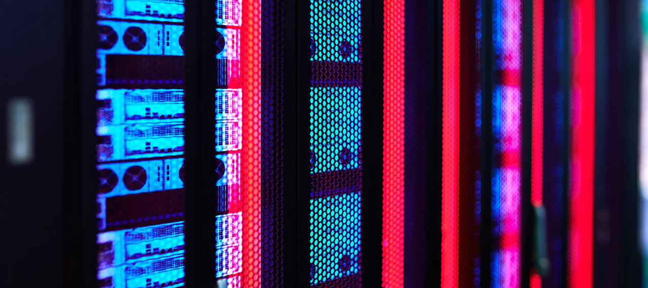 A colorful bank of computers.