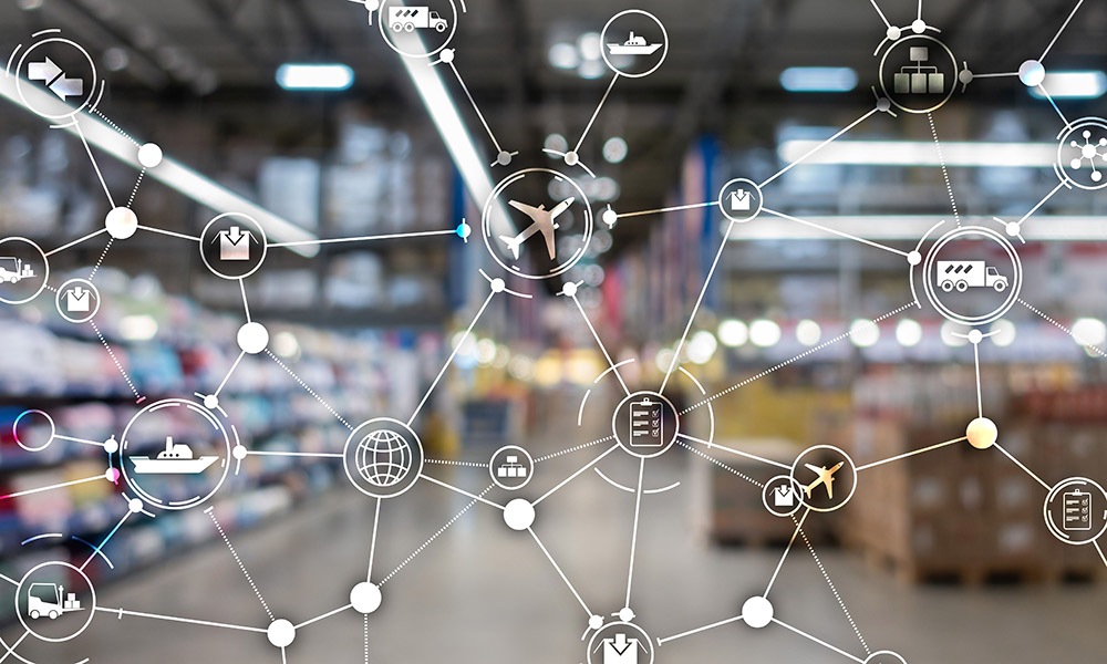 Global logistics network graphic on a virtual screen.