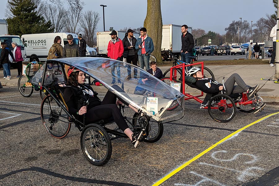 Mira Bodek of the University of Rochester Human Powered Vehicle Challenge team at the start line of the women’s drag race.