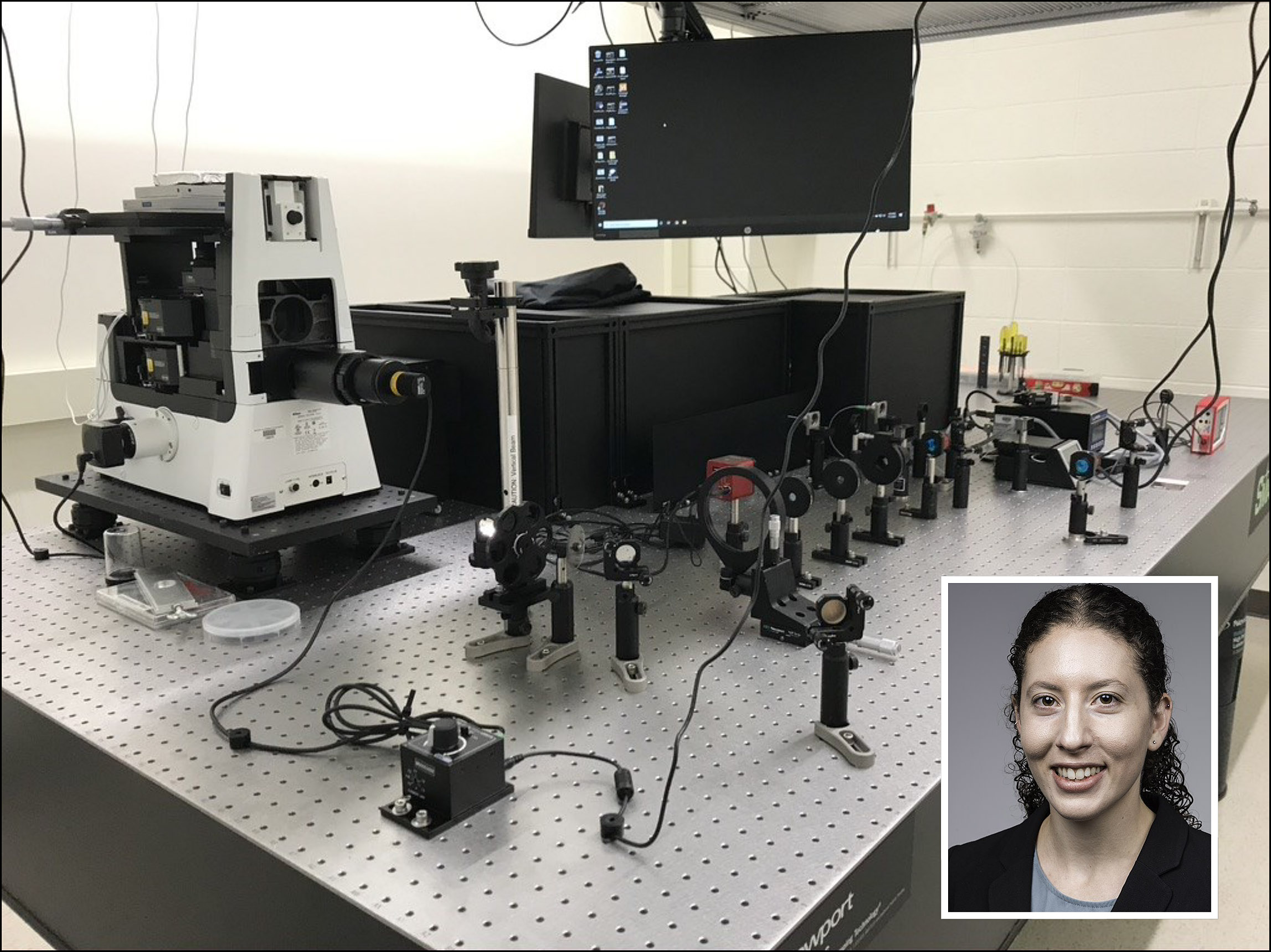 Optical equipment in the lab of Andrea Pickel with a photo of Andrea inset.