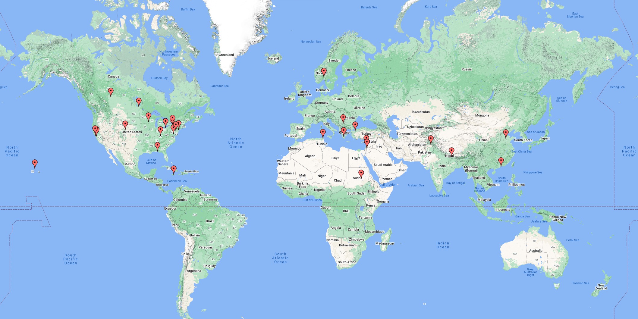 World map with pins