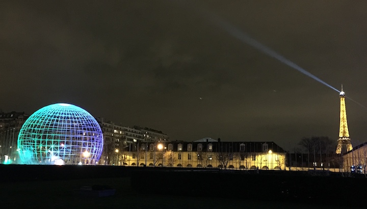 photo of UNESCO's Earth Sphere and the Eiffel Tower, by X.-C. Zhang, 1/19/15