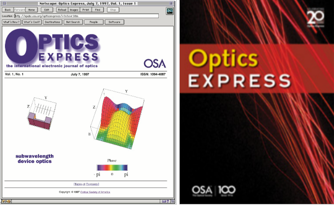 Then and Now: At left, what Optics Express looked like when a reader linked to the first issue via Netscape. At right: A recent cover of Optics Express