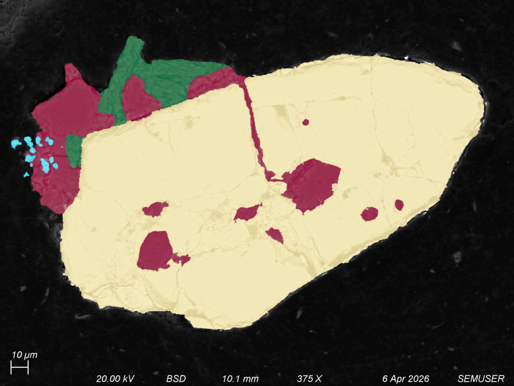 A phase map of zircon 213. Yellow is zircon, red is quartz, green is muscovite, and blue is an Fe-Ti oxide.