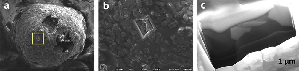 three images of a trench carved into the sample, one zoomed out, one close up, and one showing a sideview of the polished surface containing multiple mineral phases