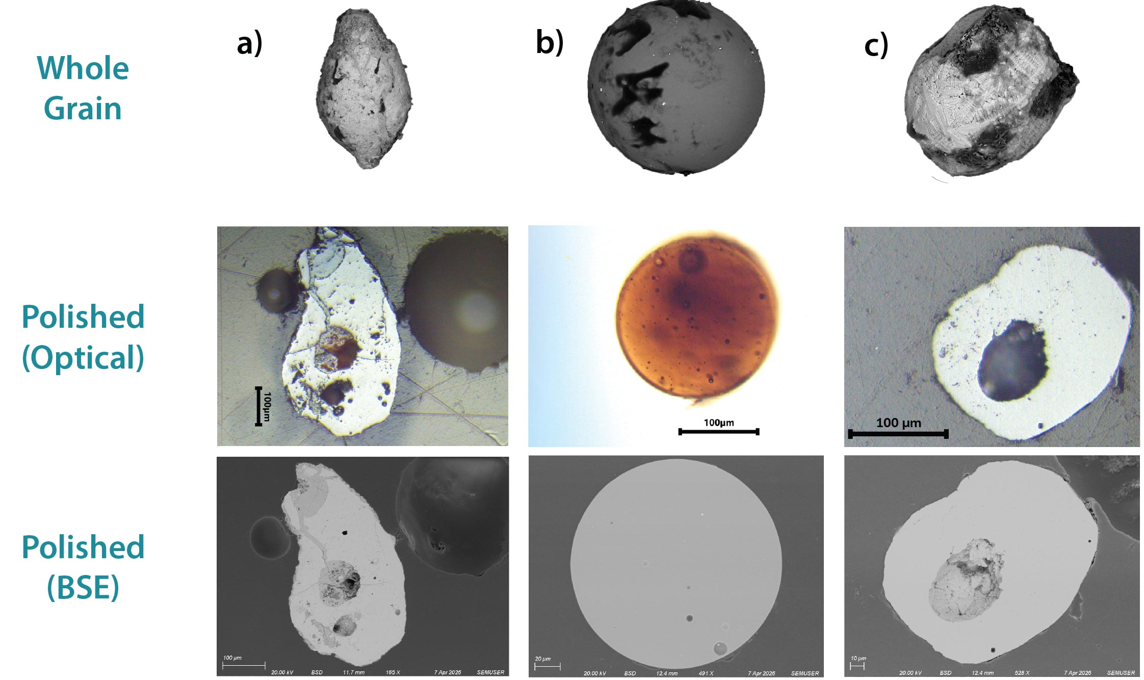 a grid of images showing three whole spherules and their polished cross-sections in both optical and BSE imaging