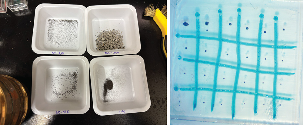 one image showing 4 trays containing different size fractions of sediment next to an image of spherules mounted in a grid on a glass slide