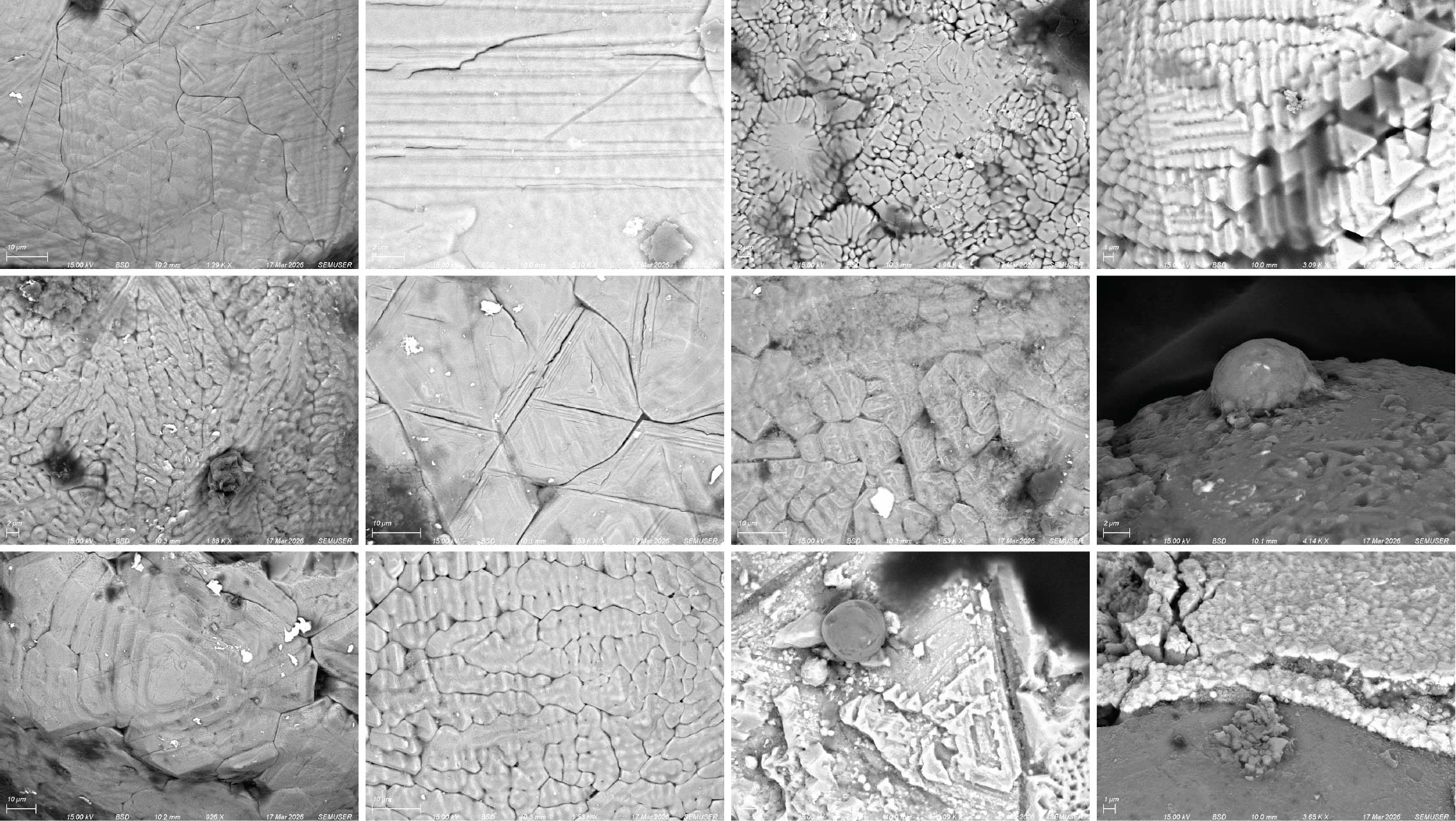 a grid of images showing a variety of crystallization textures and patters