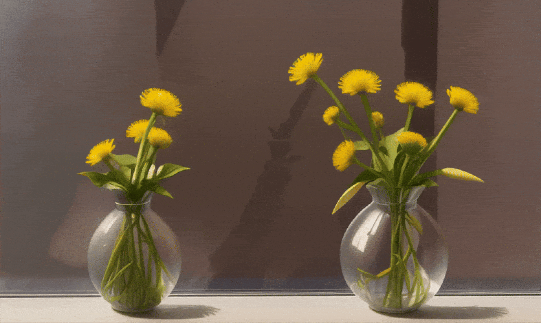 GIF of two vases filled with dandelions blossoming to illustrate text-to-video artificial intelligence advancements.