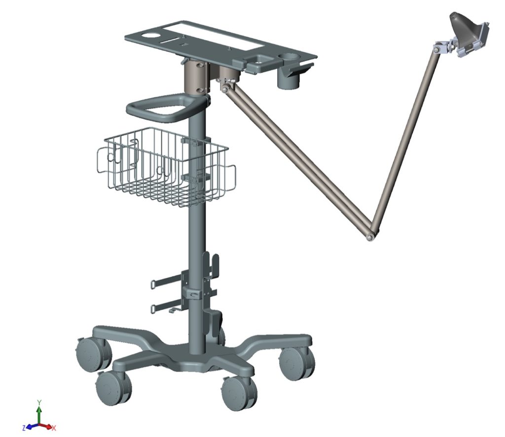 CAD rendering of Sonavex, Inc. ultrasound cart with ultrasound probe stabilizer.