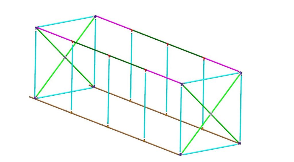 CAD model of tow tank frame, color coded by part.