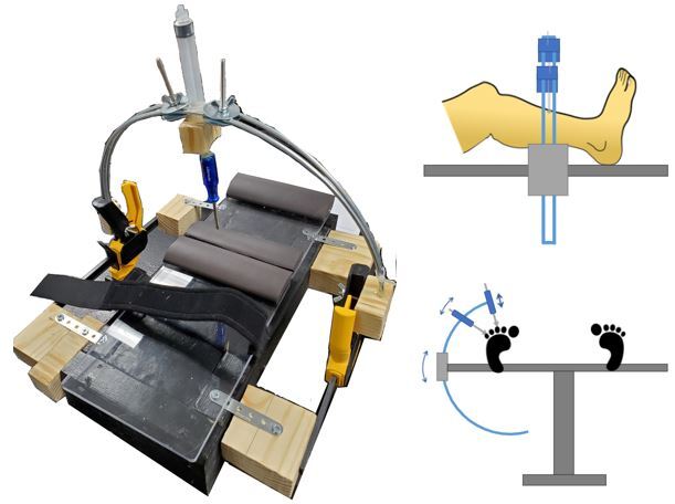 A prototype comprising an arch with a sliding instrument, mounted to a bed rail.