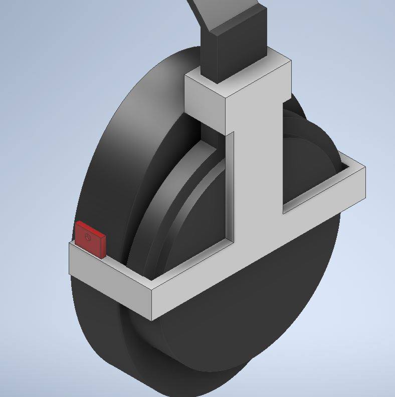 3D printed piece(gray) with breakout board(red) clamp on the headphones(black)