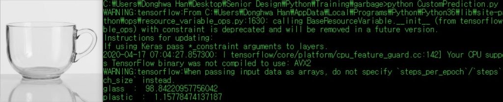 Image Prediction. Input: glass cup, Confusion Matrix: 98.8% glass, 1.2% plastic.