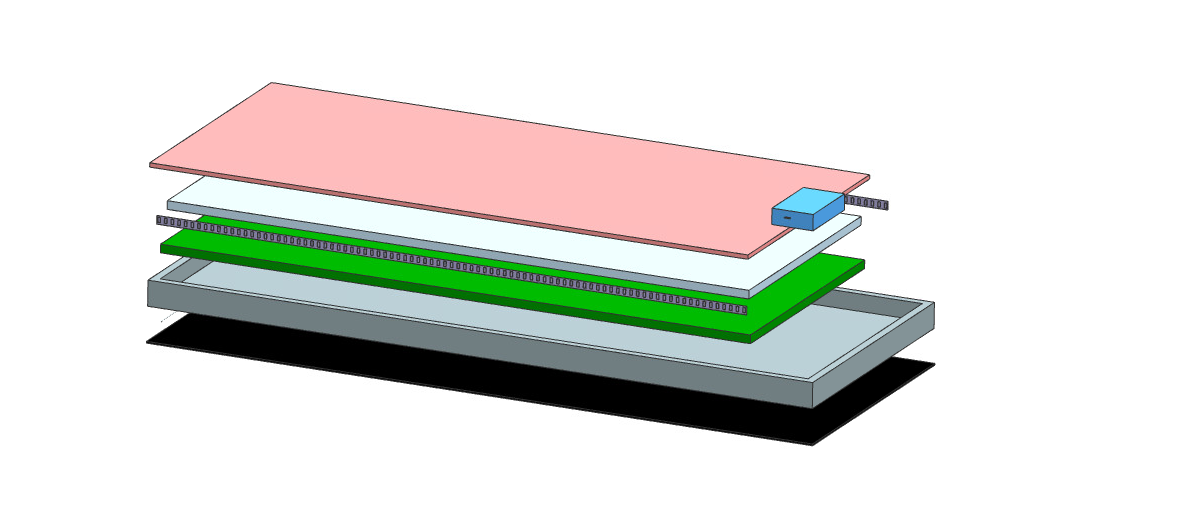 An exploded CAD view of a mat segment displaying interior layers and LED lights