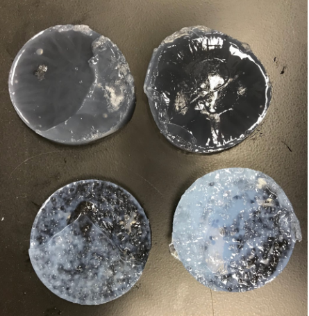 Figure 3. Four experimental PVA + DMSO polymers with Borax tertiary agent, in vi