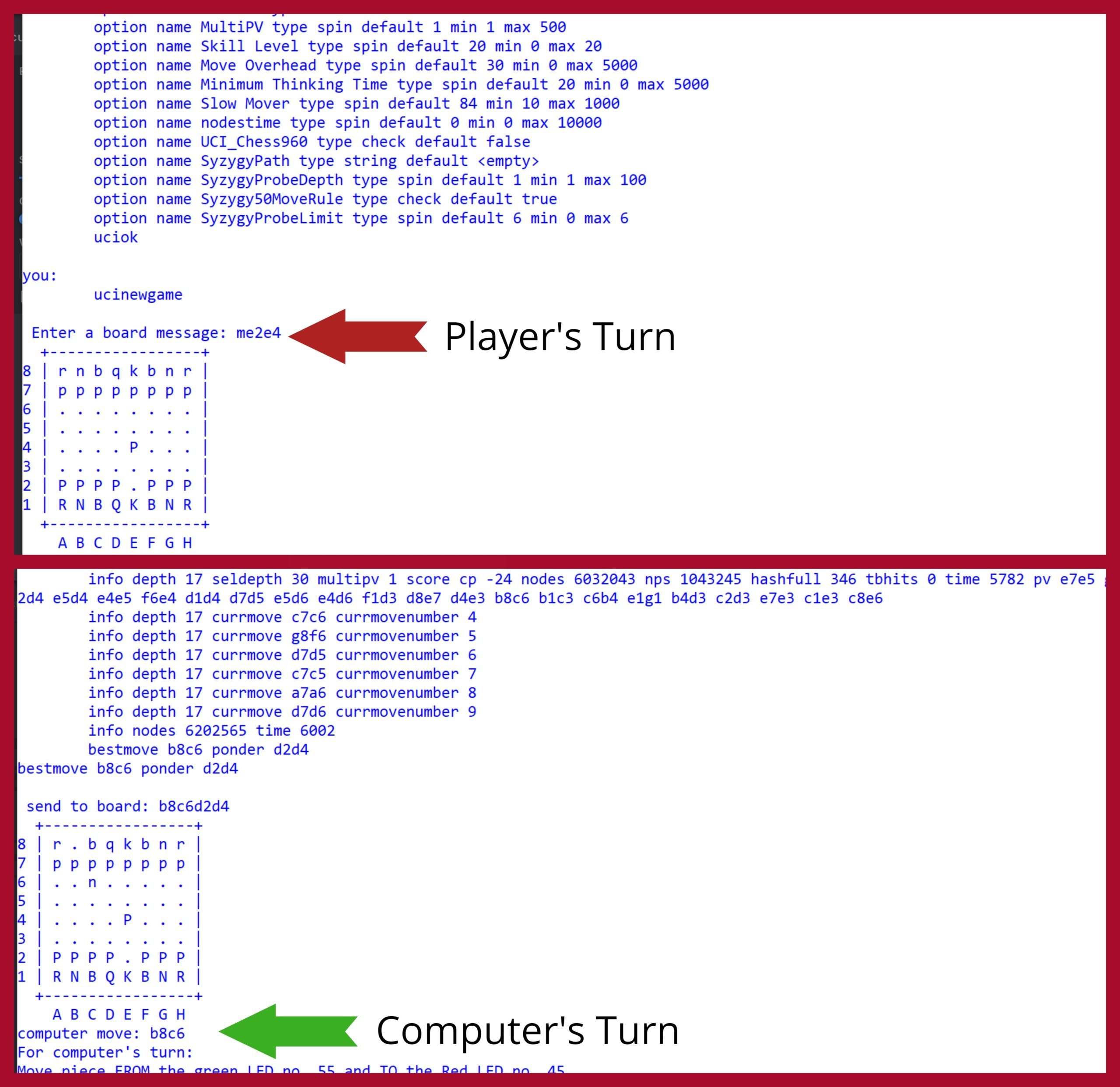 This image shows console interfacing with the Stockfish chess engine