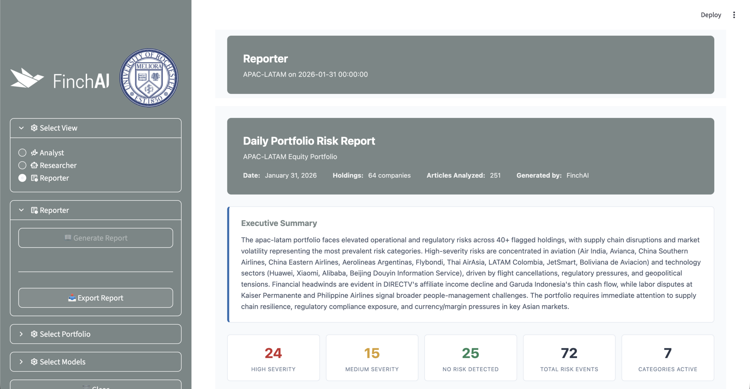 Portfolio risk analysis Reporter interface with executive summary, severity overview, and category breakdown