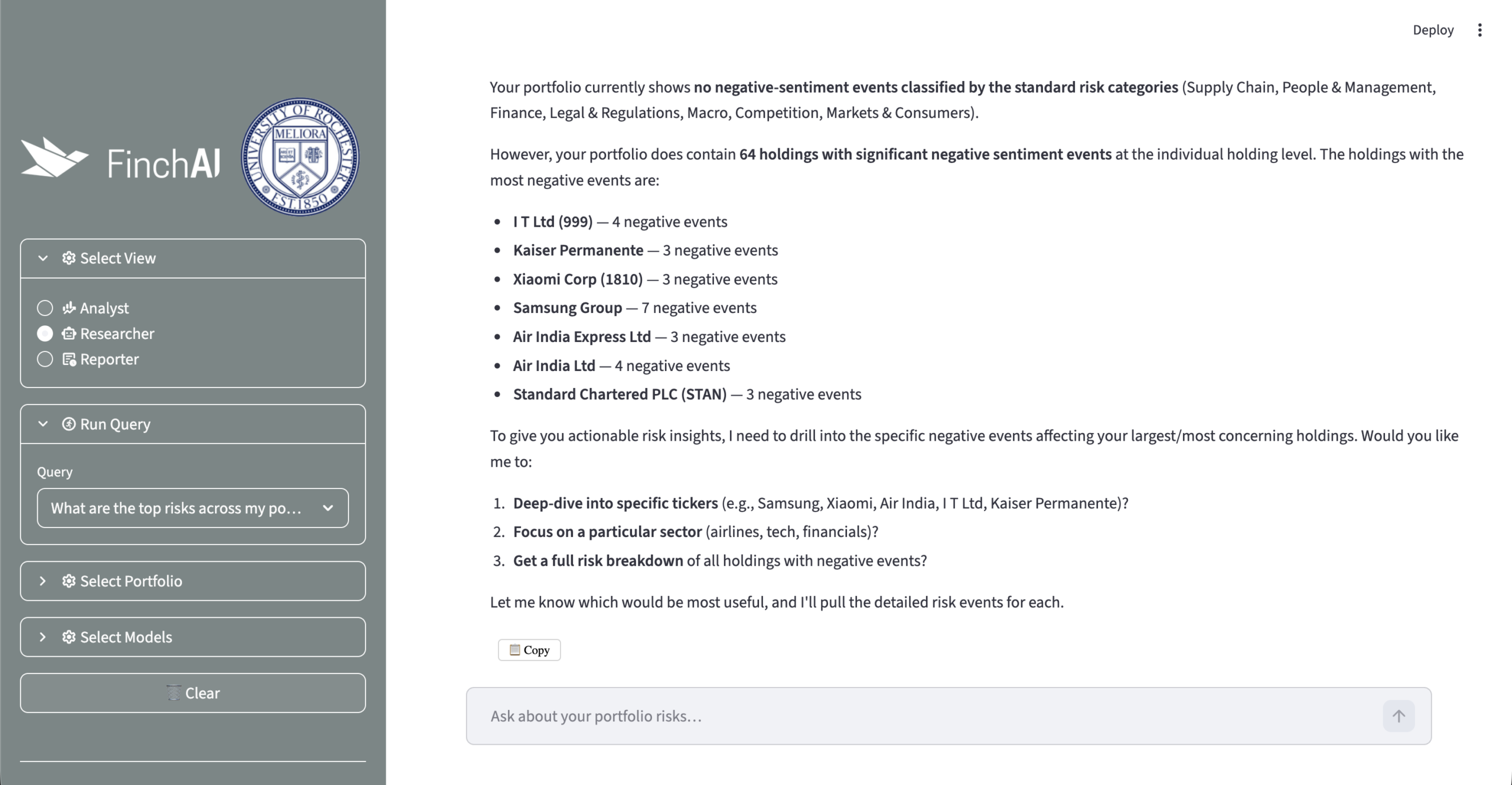 Portfolio risk analysis Researcher interface with preset questions and ad-hoc query options